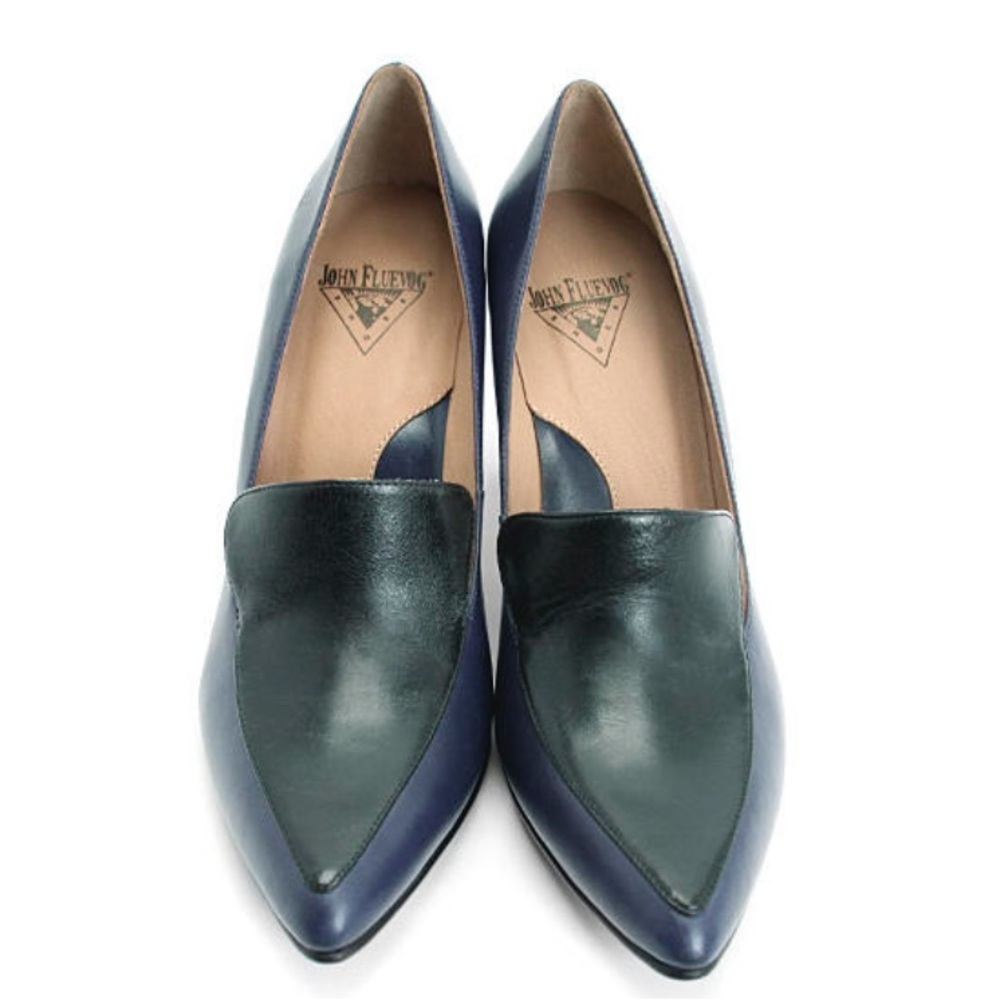 John Fluevog Big Presence Davis Classy Loafer Heels Black & Blue Leather 9.5 - Picture 4 of 13